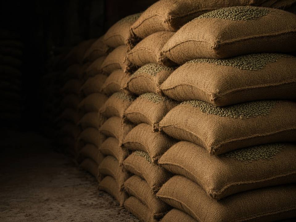 Sacas de café em armazém